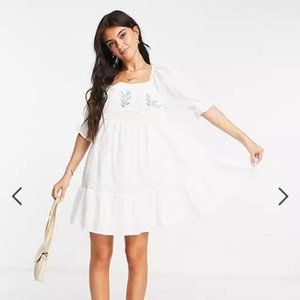 ASOS DESIGN lace insert mini smock dress with floral embroidery in white